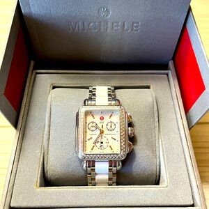 Michele diamond Deco watch & 4 leather Michele straps / bands & 1 stainless band